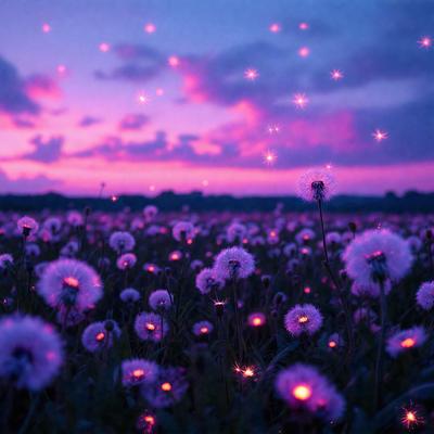 The primary subject of the image is a field of purple flowers with glowing lights in them. The setting is a sunset, creating a beautiful and serene atmosphere. The visual style is a combination of a photo and digital art, as the flowers have a glowing effect that is not typically seen in nature. The colors and mood of the image are predominantly purple, with the glowing lights adding a sense of warmth and magic to the scene.